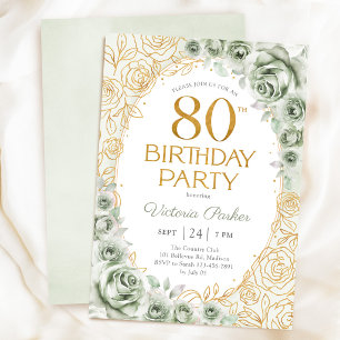 Invitación Elegante Cumpleaños 80 Verde Menta Dorado Floral