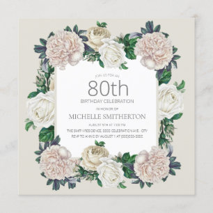 Invitación Elegante Cumpleaños 80 Vintage Marfil Crema Floral