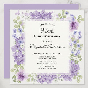 Invitación elegante cumpleaños 83 con flores púrpu