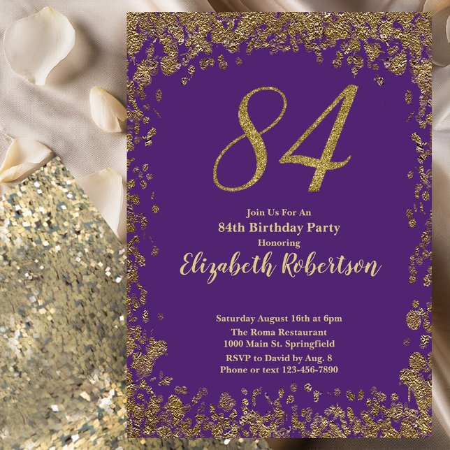Invitación Elegante Cumpleaños 84 Morado y Dorado (Subido por el creador)