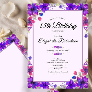Invitación Elegante Cumpleaños 85 Floral Púrpura