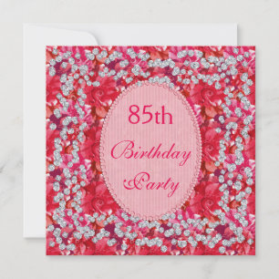 Invitación Elegante Cumpleaños 85 Floral Rojo/Rosa y Diamante