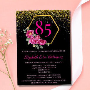 Invitación Elegante Cumpleaños 85 Negro Oro y Rosa Español