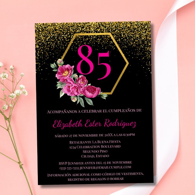Invitación Elegante Cumpleaños 85 Negro Oro y Rosa Español (Subido por el creador)