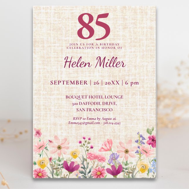Invitación Elegante cumpleaños 85 para ella - Floral de lino (Subido por el creador)