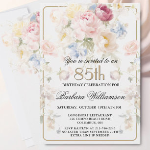 Invitación Elegante Cumpleaños 85 Pintado con Flores Rosadas