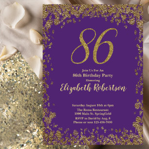 Invitación Elegante Cumpleaños 86 Púrpura y Dorado