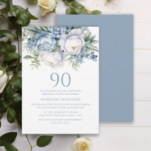 Invitación Elegante Cumpleaños 90 Años Floral Azul Polvorient