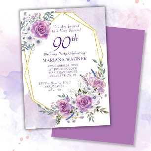 Invitación Elegante cumpleaños 90 años floral en púrpura acua