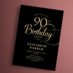 Invitación Elegante Cumpleaños 90 Años Simple Negro Dorado Le