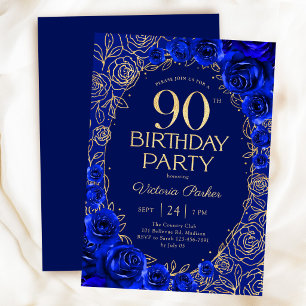 Invitación Elegante Cumpleaños 90 Azul Real Dorado Floral