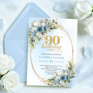 Invitación Elegante Cumpleaños 90 Bohemio Azul Blanco Floral