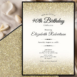 Invitación Elegante Cumpleaños 90 con Brillo Negro y Dorado