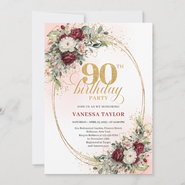 Invitación Elegante Cumpleaños 90 con Flores Burgundy y Marco (Anverso)