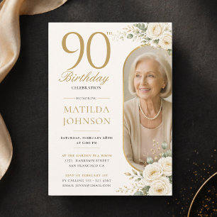 Invitación Elegante Cumpleaños 90 con Foto Personalizada en O
