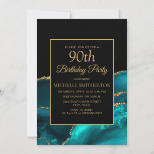 Invitación Elegante Cumpleaños 90 en mármol negro azul verdos