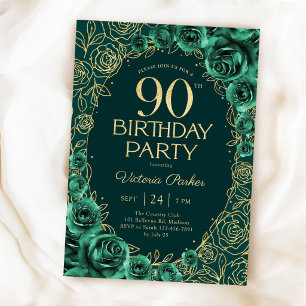 Invitación Elegante Cumpleaños 90 Esmeralda Verde Oro Floral