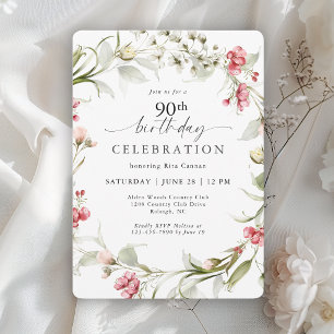 Invitación Elegante Cumpleaños 90 Femenino Floral Acuarela