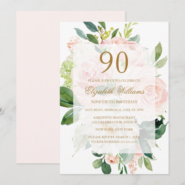Invitación Elegante Cumpleaños 90 Flor de Melocotón Suave (Anverso / Reverso)