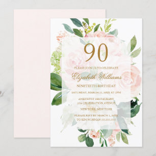 Invitación Elegante Cumpleaños 90 Flor de Melocotón Suave
