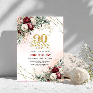 Invitación Elegante Cumpleaños 90 Floral Burgundy Marco Dorad