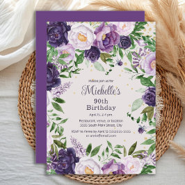 Invitación Elegante Cumpleaños 90 Floral Lila Púrpura