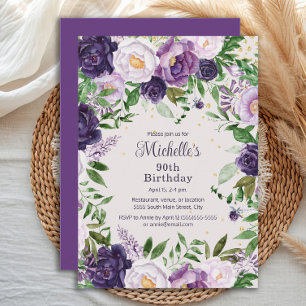 Invitación Elegante Cumpleaños 90 Floral Lila Púrpura