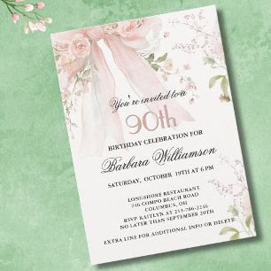 Invitación Elegante Cumpleaños 90 Floral Rosa Acuarela con La
