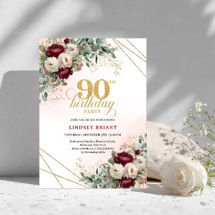 Invitación Elegante Cumpleaños 90 Marco Floral Dorado Marsala