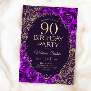 Invitación Elegante Cumpleaños 90 Morado Oro Floral