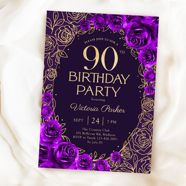Invitación Elegante Cumpleaños 90 Morado Oro Floral (Subido por el creador)