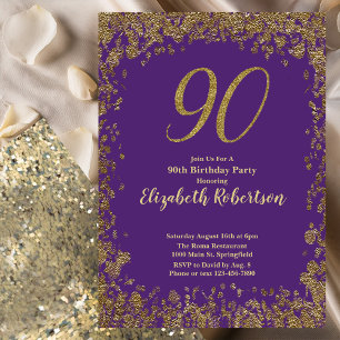 Invitación Elegante Cumpleaños 90 Morado y Dorado
