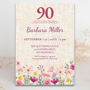 Invitación Elegante cumpleaños 90 para ella - Floral de lino