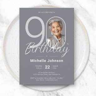Invitación Elegante Cumpleaños 90 Personalizado en Plata
