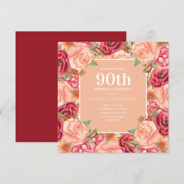 Invitación Elegante Cumpleaños 90 Rojo Rosa Floral Mujeres (Anverso / Reverso)