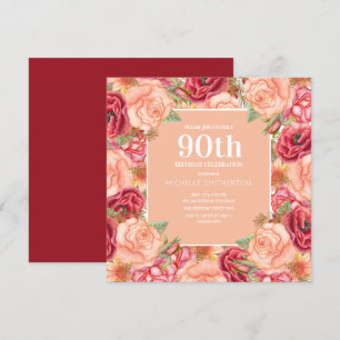 Invitación Elegante Cumpleaños 90 Rojo Rosa Floral Mujeres