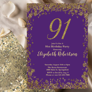 Invitación Elegante Cumpleaños 91 Morado y Dorado