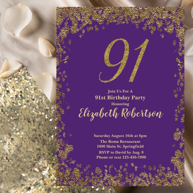Invitación Elegante Cumpleaños 91 Morado y Dorado (Subido por el creador)