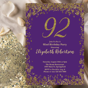 Invitación Elegante Cumpleaños 92 Morado y Dorado