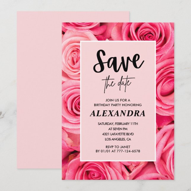 Invitación Elegante cumpleaños 96 Rosa Rosa Guardar la fecha (Anverso / Reverso)