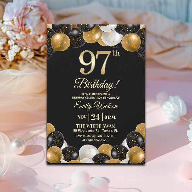 Invitación Elegante Cumpleaños 97 Brillante Negro Oro (Subido por el creador)