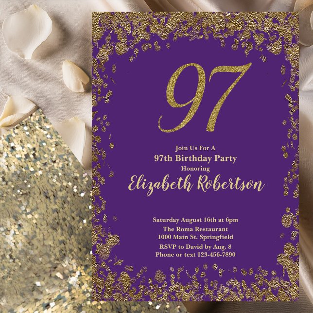 Invitación Elegante Cumpleaños 97 Morado y Dorado (Subido por el creador)