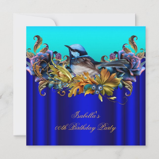 Invitación Elegante Cumpleaños Azul Real Azul Petirrojo Verde (Anverso)