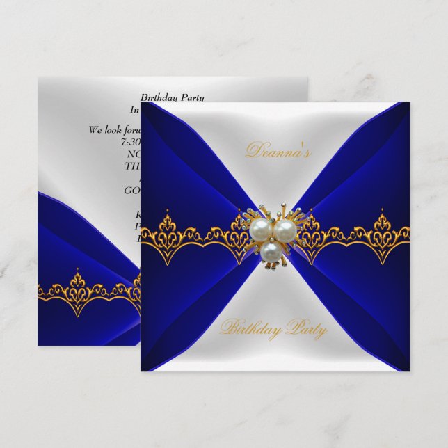 Invitación Elegante Cumpleaños Azul Real Joyas Doradas Seda B (Anverso / Reverso)