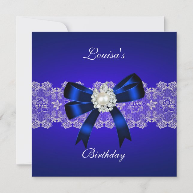 Invitación Elegante Cumpleaños Azul Real Perla Blanco Encaje (Anverso)