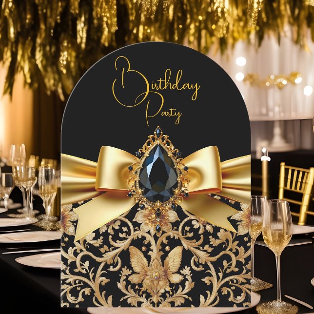 Invitación Elegante cumpleaños Black Gold Bow Jewel Damask (Subido por el creador)