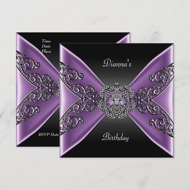 Invitación Elegante cumpleaños Black Purple Jewel Silver (Anverso / Reverso)