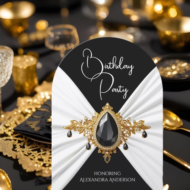 Invitación Elegante Cumpleaños Blanco Negro Oro Seda Joyas (Subido por el creador)