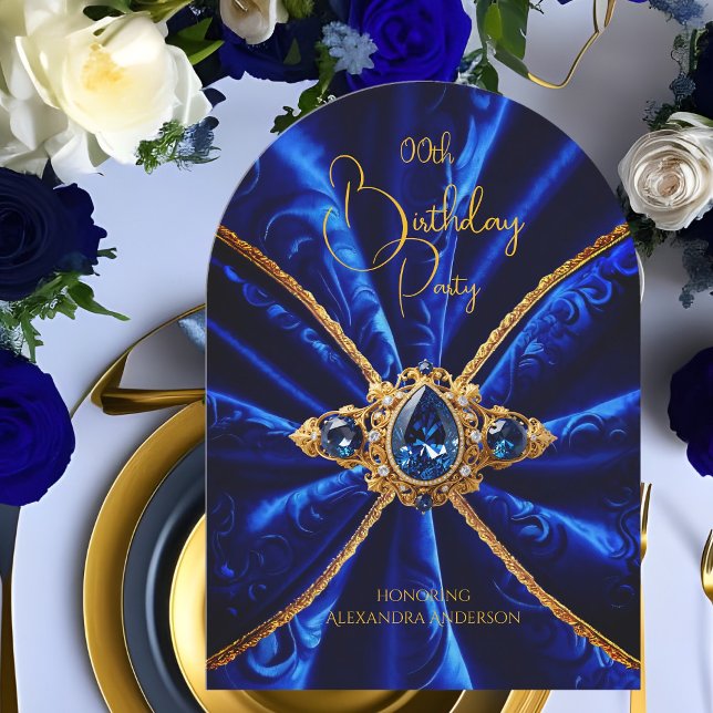 Invitación Elegante Cumpleaños Blue Gold Jewel Faux Velvet (Subido por el creador)