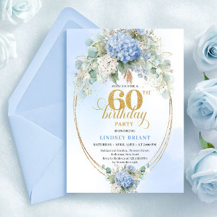 Invitación Elegante Cumpleaños Bohemio Suave Azul Dorado 60